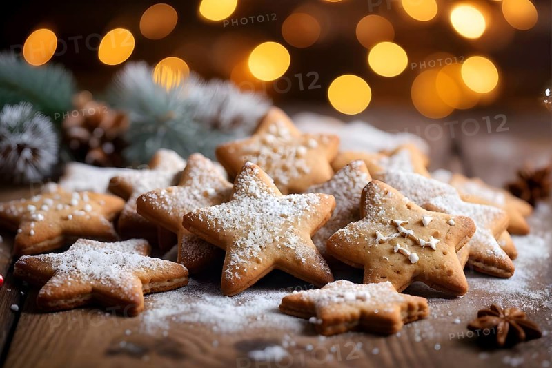 A detailed shot of Christmas cookies on a wooden table, featuring star-shaped cookies with colorful icing, sprinkles, and powdered sugar, AI generated
