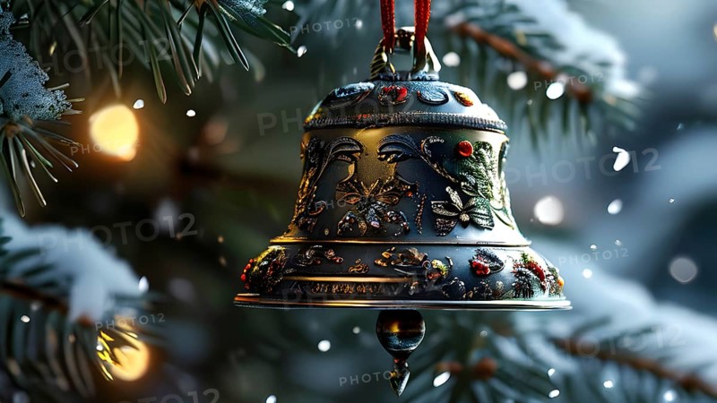 Vintage Christmas bell ornament hanging on a snow-dusted evergreen branch, capturing the intricate metallic details and soft reflections of nearby lights, AI generated
