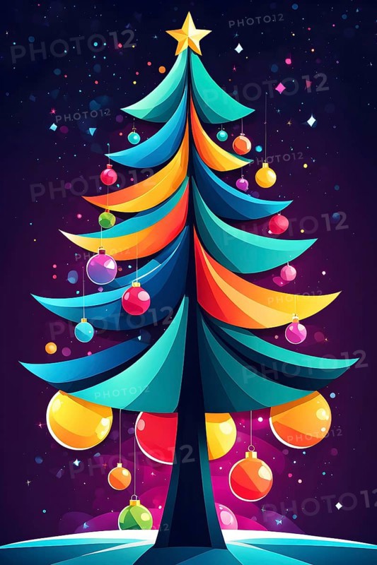 Abstract Christmas tree illustration with vibrant colors and geometric shapes, AI generated