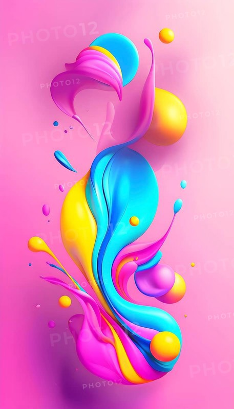 Abstract image with colorful yellow and turquoise blobs and liquid shapes on a pink background, AI generated