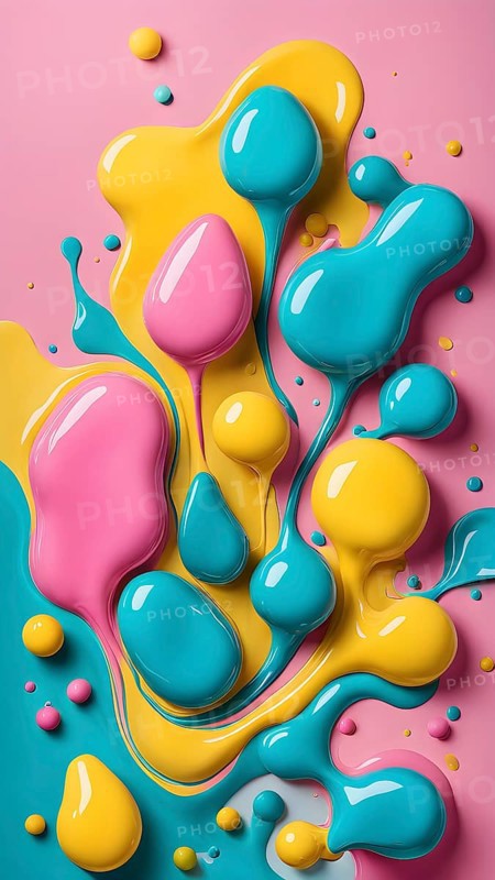 Abstract image with colorful yellow and turquoise blobs and liquid shapes on a pink background, AI generated