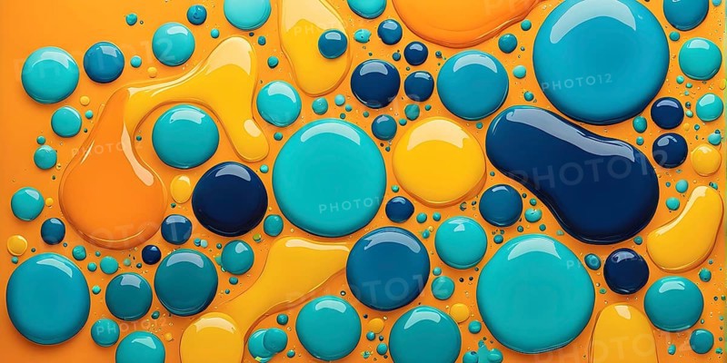 Abstract wallpaper with colorful turquoise and yellow blobs and liquid shapes on a orange background, AI generated