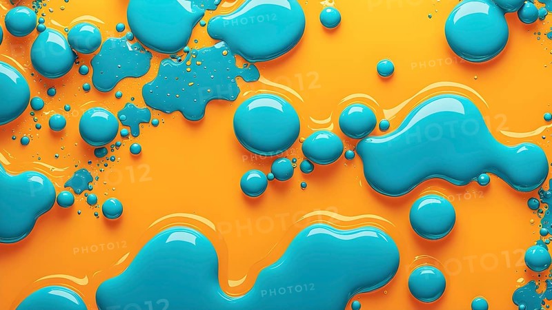Abstract wallpaper with colorful turquoise and yellow blobs and liquid shapes on a orange background, AI generated