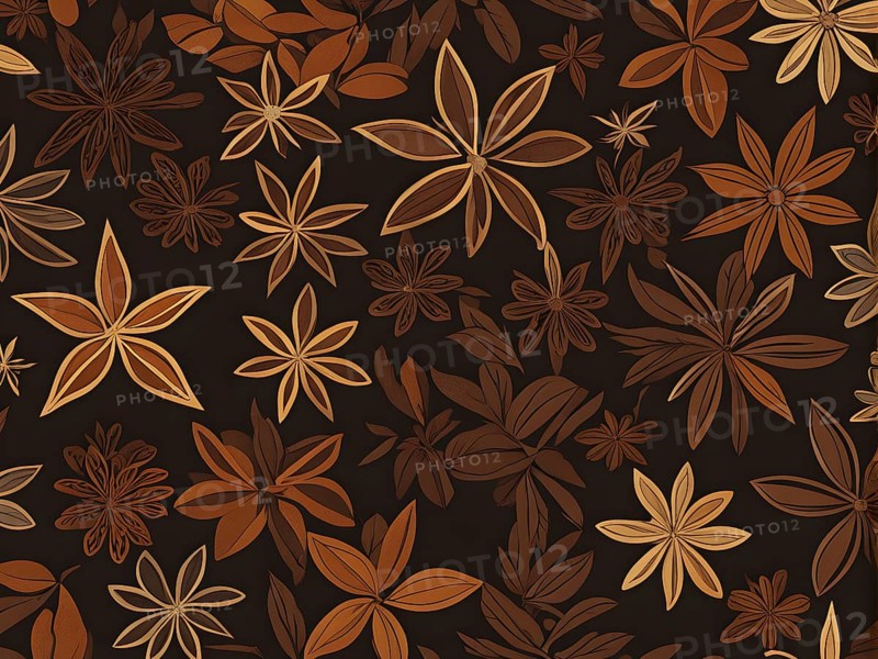 Abstract wallpaper illustration of Christmas spices like cinnamon sticks, star anise, and cloves, AI generated