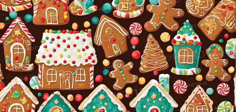 Abstract wallpaper illustration of of gingerbread house decoration, AI generated