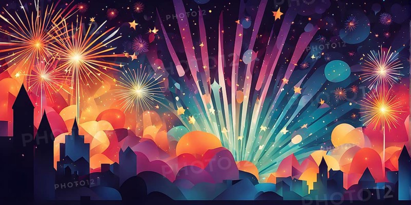 Wallpaper illustration of an explosion of vibrant fireworks colors in a night sky, symbol for happy new year, AI generated