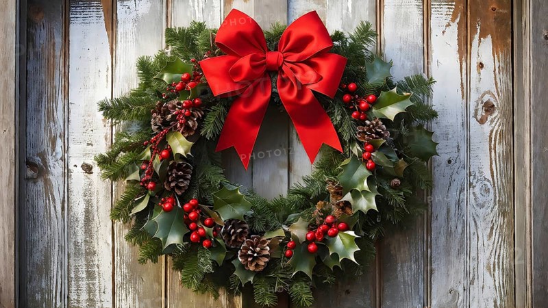Classic holiday wreath with frosted holly leaves hanging on a rustic wooden door, AI generated