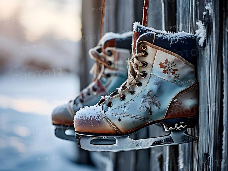Pair of vintage ice skates hanging by their laces on an old wooden fence with frost and snow gently settled on the blades, AI generated