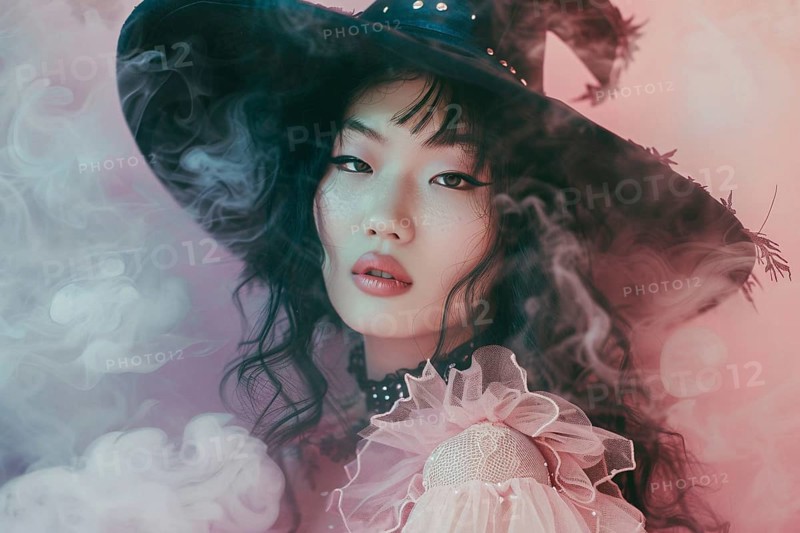 Beautiful Asian woman dressed up with Halloween witch costume hat and pink dress. Generative Ai, AI generated