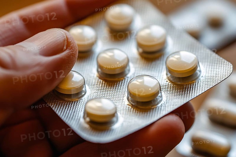 Hand holding medical pills in blister pack. Generative Ai, AI generated