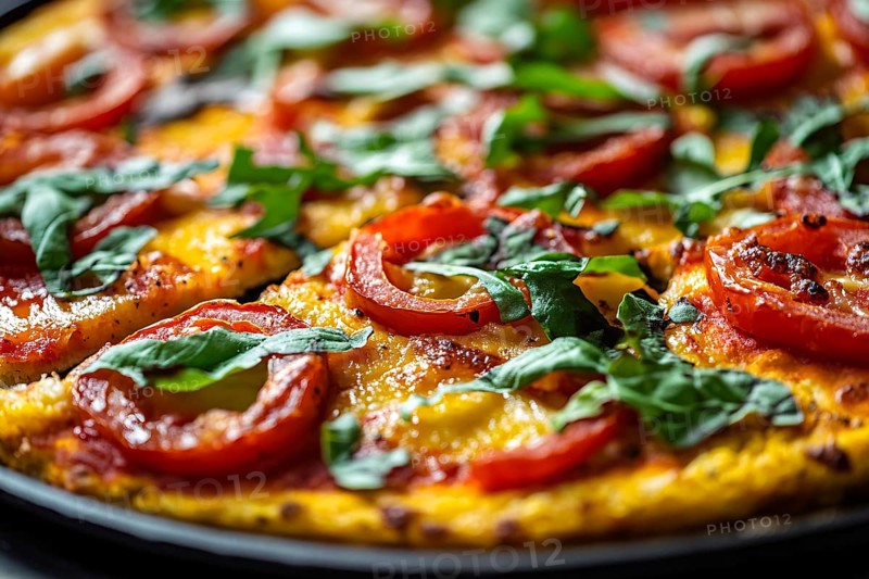 Close up of healthy low carb cauliflower crust pizza with vegetables and cheese. Generative Ai, AI generated