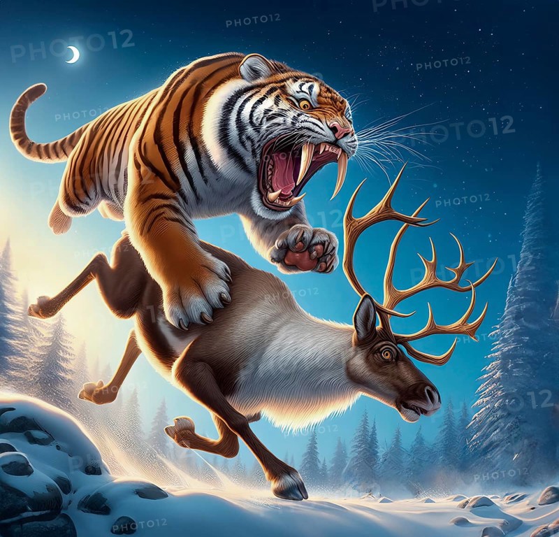 Prehistory, prehistory, ice age, an extinct sabre-toothed cat, sabre-toothed tiger hunts a reindeer, AI generated, AI generated