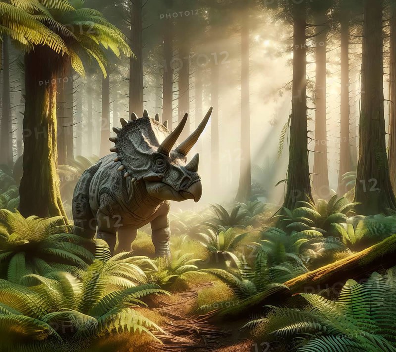 Dinosaur, Triceratops, a Cretaceous dinosaur in a prehistoric forest in present-day North America, AI generated, AI generated