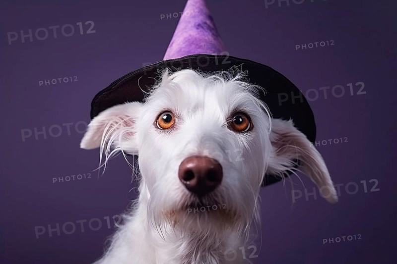 White dog with Halloween costume witch hat on purple background. KI generiert, generiert AI generated