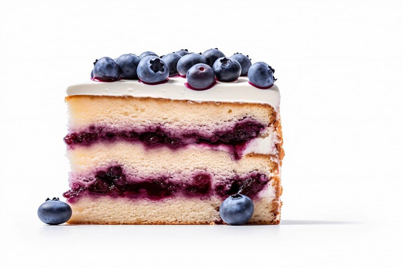 Slice of layered blueberry cake on white background. KI generiert, generiert AI generated
