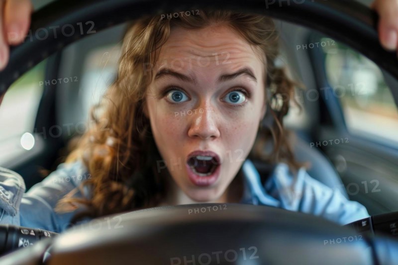 A young woman sits in her car and looks at the speedometer in surprise and shock, symbolic image, distraction in road traffic, AI generated, AI generated, AI generated