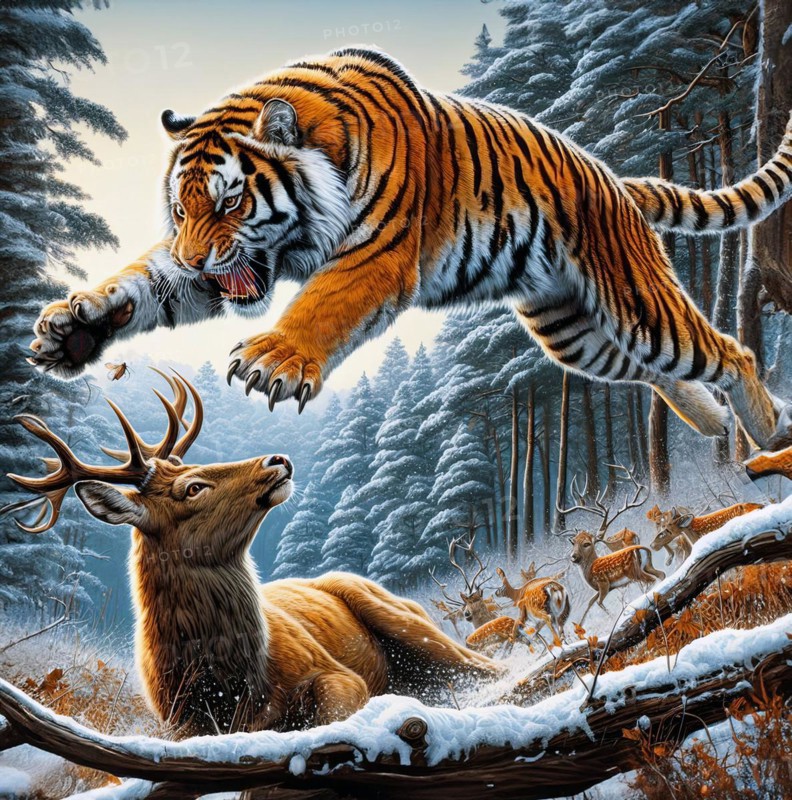A Siberian tiger jumping on a deer, symbol photo hunting, predator, prey, eating, hunting game, AI generated, AI generated