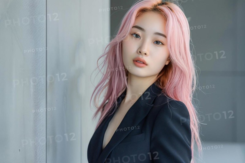 Young Asian woman with black business suit with pastel pink dyed hair. KI generiert, generiert, AI generated