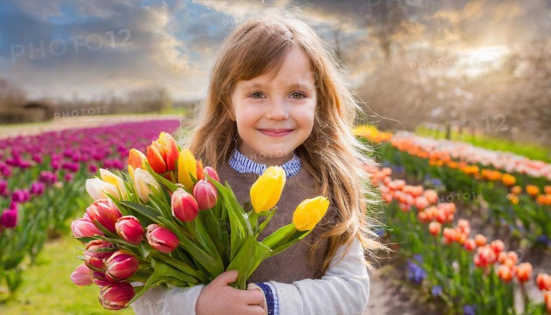 A smiling girl holds a bouquet of colourful tulips in a blooming tulip field in spring, ki generated, AI generated