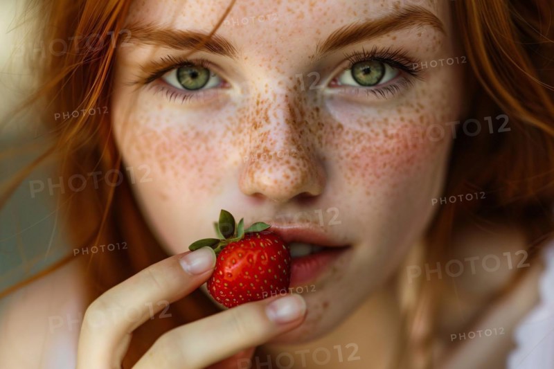 Beautiful young woman with freckles eating strawberry fruit. KI generiert, generiert, AI generated