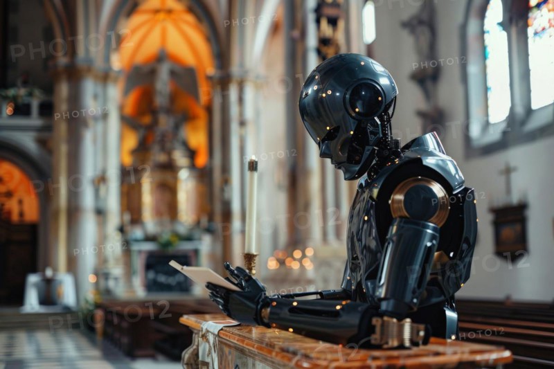 Humanoid reading next to an altar in a church, vision of the future, science fiction, AI generated, AI generated, AI generated
