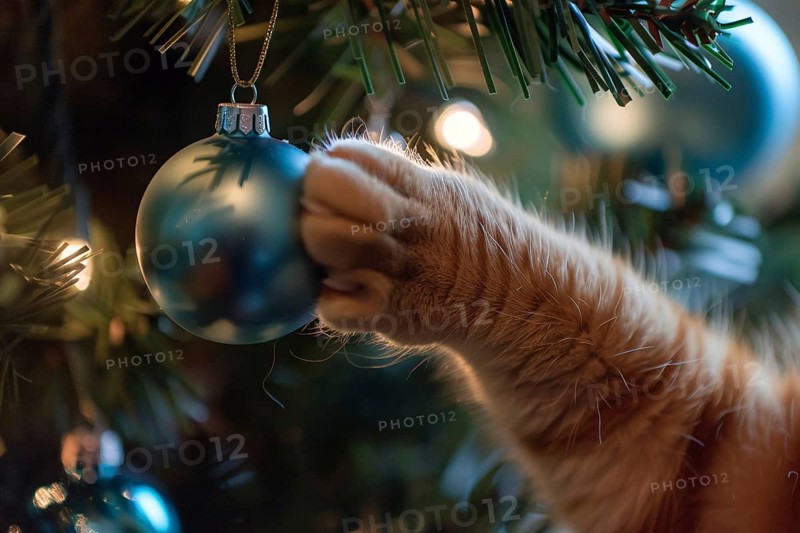 Close up of paw of cat playfully reaching for Christmas tree bauble. Generative AI, AI generated