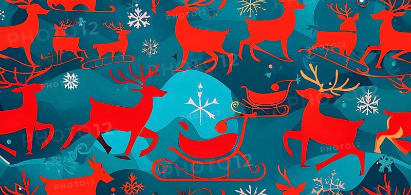 Whimsical abstract scene with stylized reindeer and sleighs to capture the magic of Christmas, AI generated