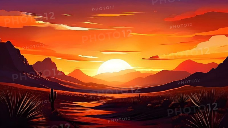 Abstract illustration of a sunset over a desert landscape in vivid and vibrant colors, AI generated