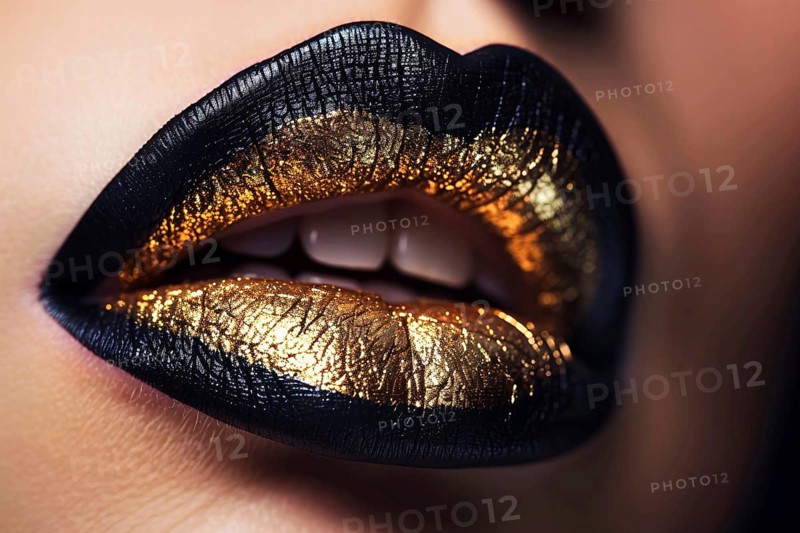 Close up of woman's lips with black and golden lipstick. Generative Ai, AI generated