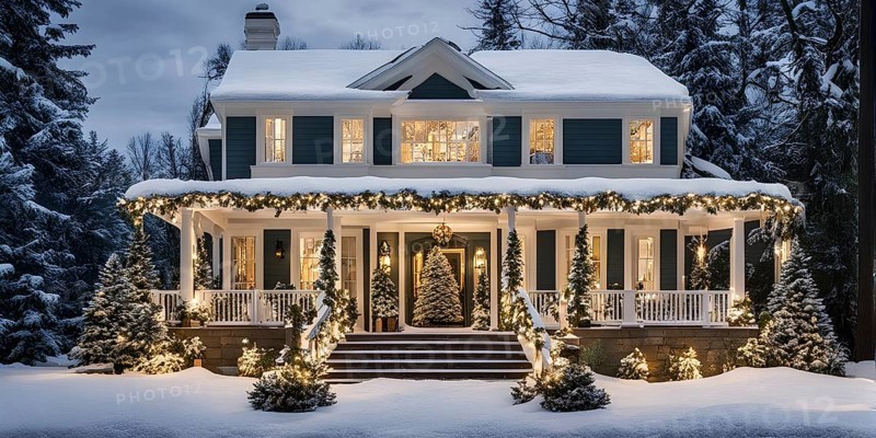 Festive front porch with holiday garlands wrapped around the columns, a wreath hanging on the door, and snow-covered steps leading up to the warmly lit entrance, AI generated