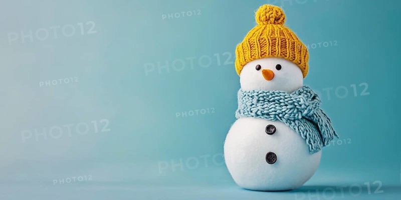Cute snowman with knitted hatand scarf on blue background with copy space. Generative AI, AI generated