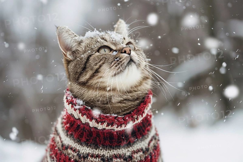 Cute cat in warm knitted sweater in winter snow landscape. Generative Ai, AI generated