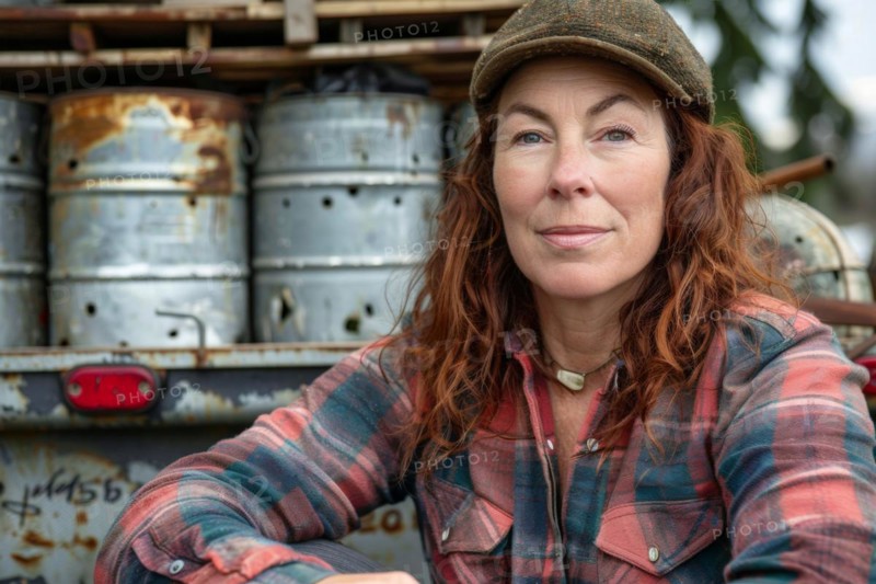 A woman, scrap dealer in work clothes in a scrap yard, AI generated, AI generated, AI generated