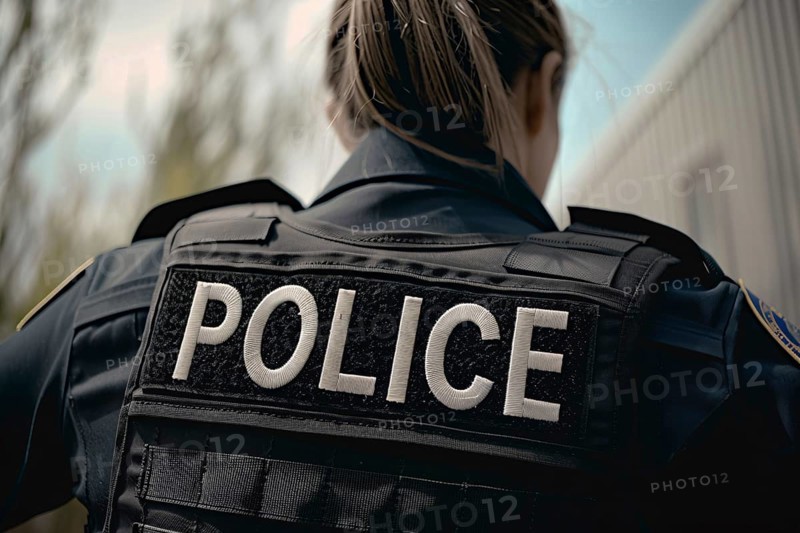 Back view of female police officer with bulletproof vest with text 'Police'. Generative Ai, AI generated