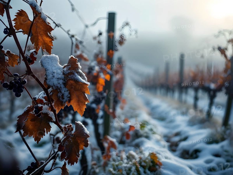 AI generated close up of winter in the vineyard with snow blankets dormant vines and ambient light