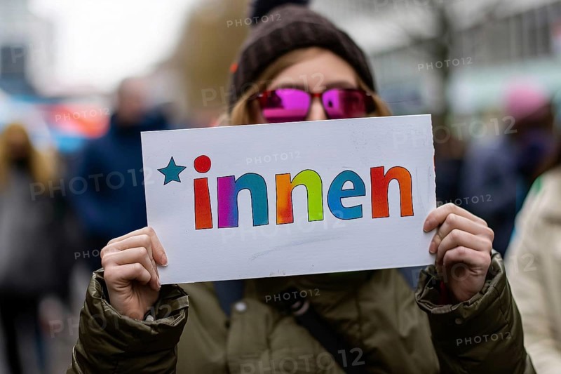 Woman holding up white sign with colorful text saying innen, a suffix used for gender neutral language in Germany, AI generated