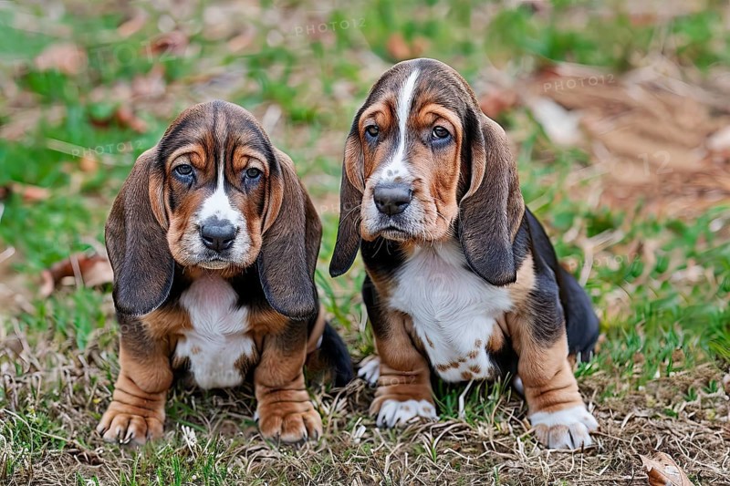 Two cute Basset hound pups seating in the grass, AI generated
