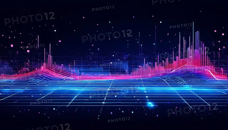 Abstract illustration of digital wave forms and circuits converging to form abstract symbols of various sports, then dispersing into flowing particles, AI generated