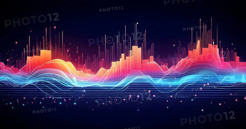 Abstract illustration of digital wave forms and circuits converging to form abstract symbols of various sports, then dispersing into flowing particles, AI generated