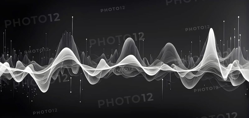 Abstract illustration of digital wave forms and circuits converging to form abstract symbols of various sports, then dispersing into flowing particles, AI generated