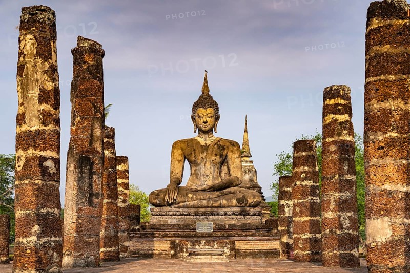 Buddha statue in the central Buddhist temple Wat Mahathat, UNESCO World Heritage Sukhothai Historical Park, Thailand, Asia