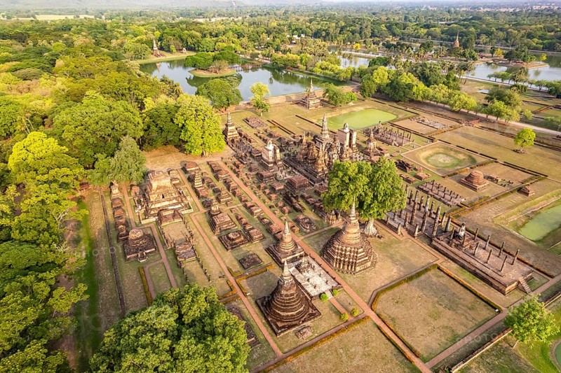 The central Buddhist temple Wat Mahathat seen from the air, UNESCO World Heritage Sukhothai Historical Park, Thailand, Asia