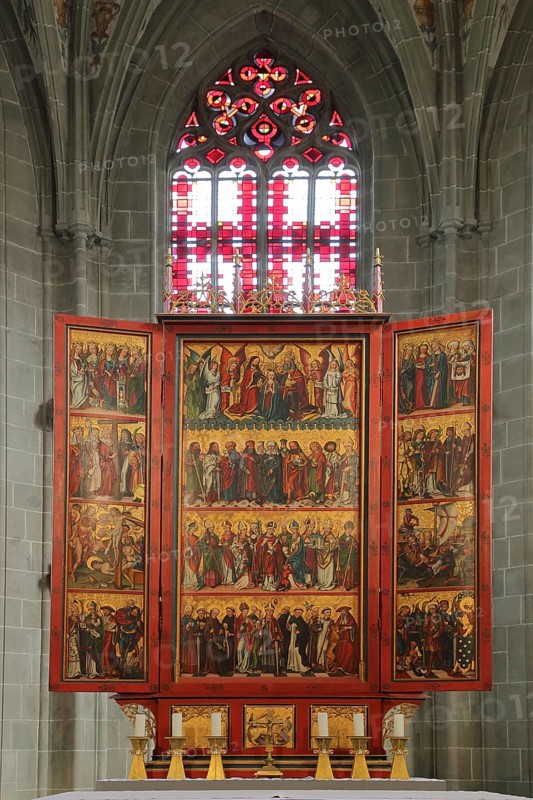 High altar and stained glass windows, UNESCO Romanesque Church of St Mary and St Mark, interior view, arts and crafts, high altar and winged altar with painting, Minster, Mittelzell, Reichenau Island, Untersee, Lake Constance, Lake Constance region, Baden-Württemberg