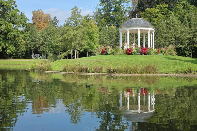 Round pavilion with lake in the Parc de l'orangery, orangery Park, landscape, reflection, temple, pavilion, monopteros, Strasbourg, Bas-Rhin, Alsace, France, Europe