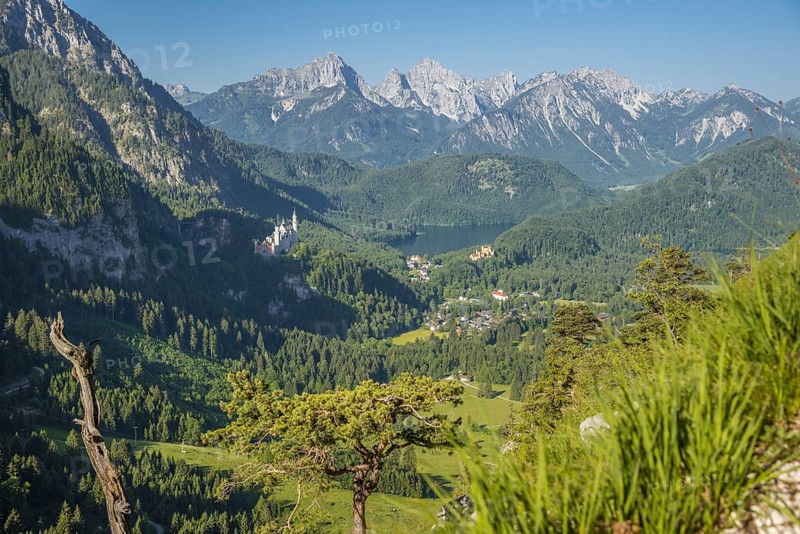 Neuschwanstein Castle, Alpsee, Hohenschwangau Castle near Füssen, Ostallgäu, Allgäu, Bavaria, Germany, Europe