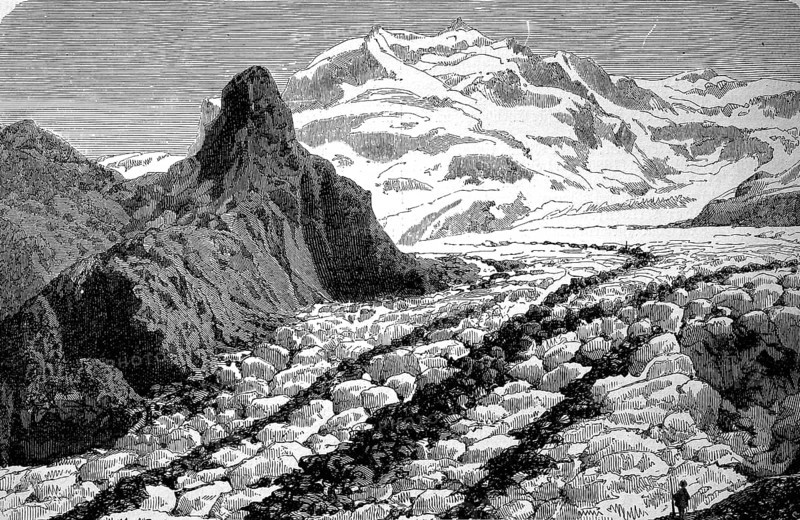 Glaciers and moraines of Monte Rosa, mountain massif in the Valais Alps between Switzerland and Italy, in 1880, Historical, digital reproduction of an original from the 19th century