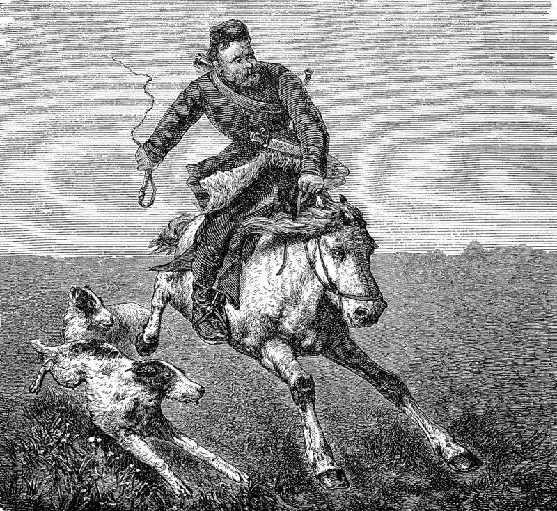 A Don Cossack, former defence farmer, on horseback with hunting dogs, 1860, Historical, digital reproduction of an original 19th century model