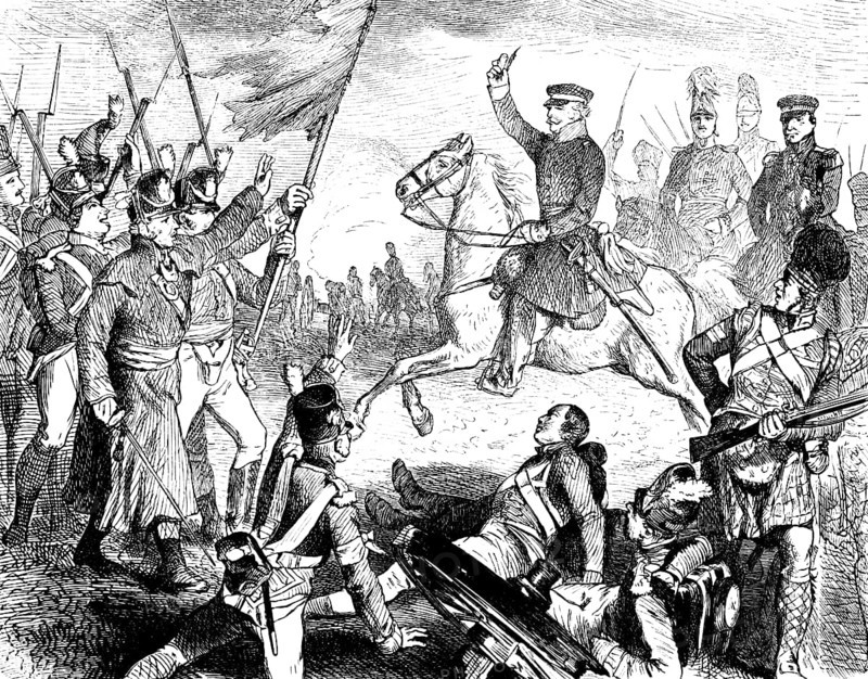 Battle of Waterloo 1815 or Belle-Alliance, joyful reception of the Prussian army, defeat seals Napoleon's fate, soldiers, uniform, flag, weapons, rifles, Belgium, historical illustration 1882, Europe