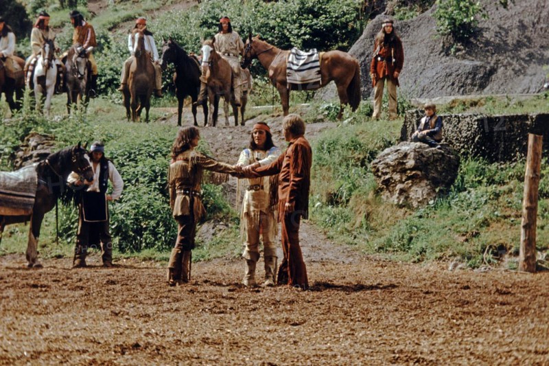 Pierre Brice as Winnetou and other actors in The Treasure in Silver Lake, Karl May Festival, open-air theatre Elspe, Sauerland, North Rhine-Westphalia, Germany, June 1982, vintage, retro, old, historical, Europe