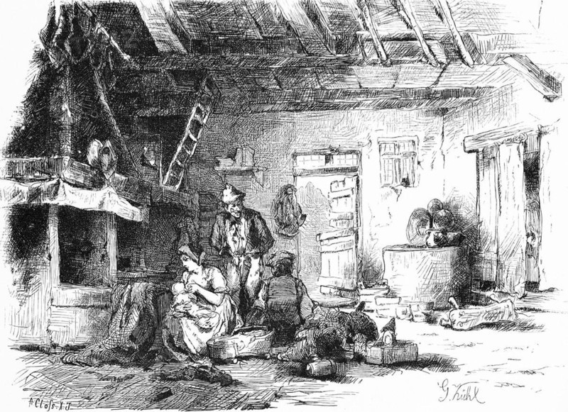 A farmhouse parlour, Mecklenburg-Western Pomerania, Germany, family, baby, children, poverty, bed, ladder, beam, door, historical illustration 1880, Europe